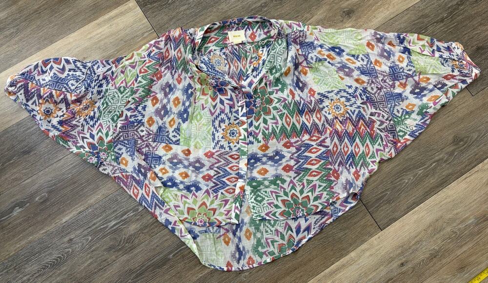 Maeve Anthropologie Brynna Boho Ikat Print Blouse Sheer Button Front Womens XS